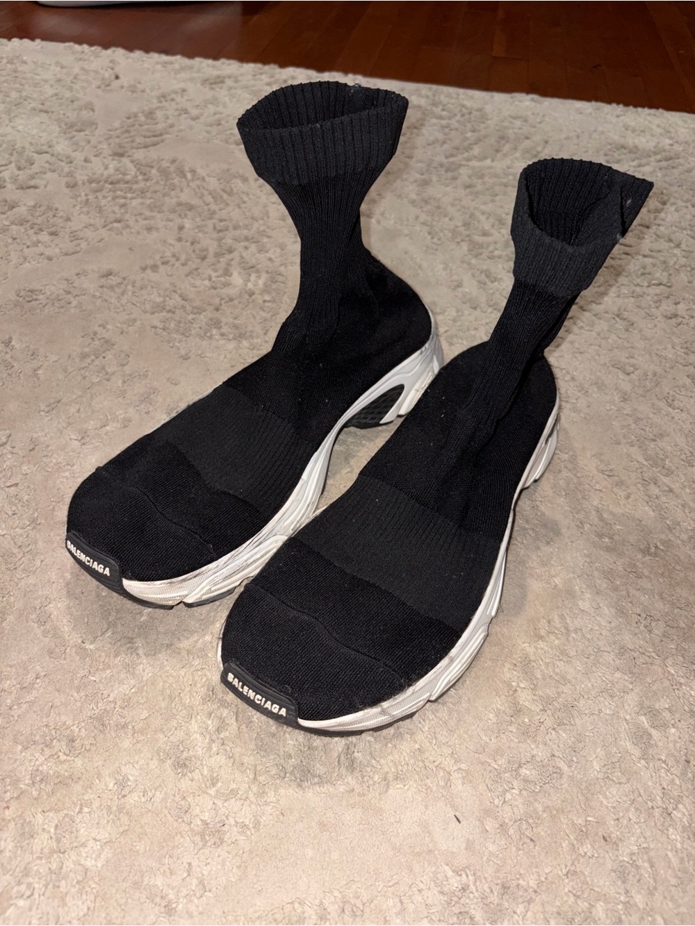 Balenciaga Black Sock-Style Knit Sneakers with White Sole